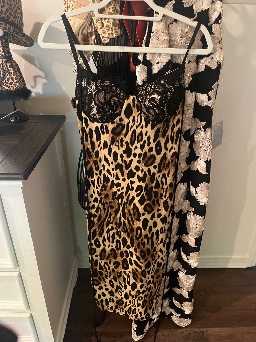 cameo Leopard Print Slip Midi Dress with Black Lace Bodice